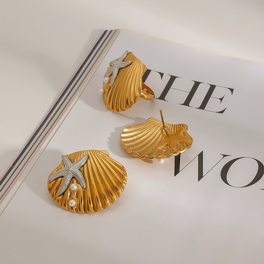 1 Pair Romantic Series Natural shell Stainless Steel 18K Gold Plated Artificial Pearl Women Adjustable Rings Picture4