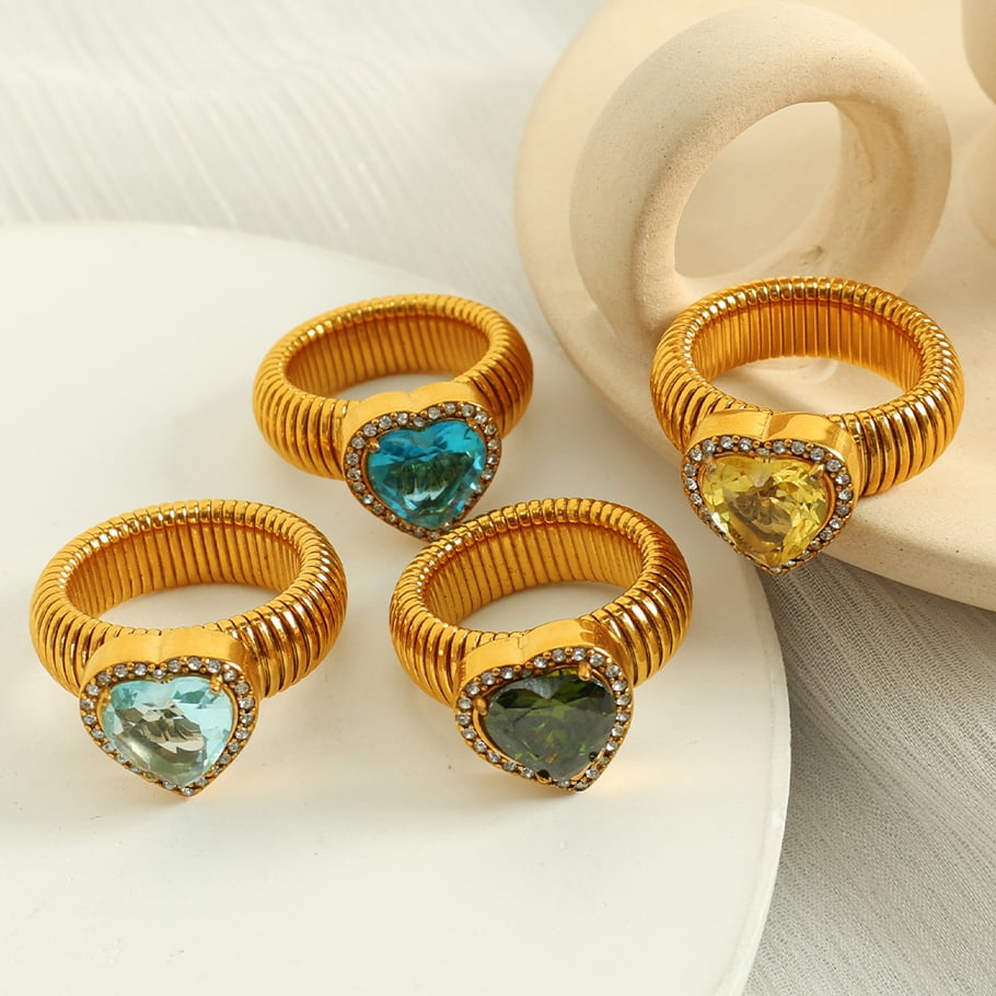 1 Pair Romantic Series Retro Heart Colorful Stainless Steel 18K Gold Color Plated Zircon Women's Single Rings Picture3