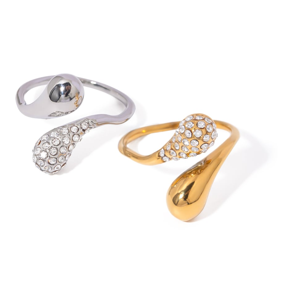 1 Piece Simple Style Droplet Shape Stainless Steel 18k Gold Inlay Rhinestones Women's Adjustable Rings Picture8