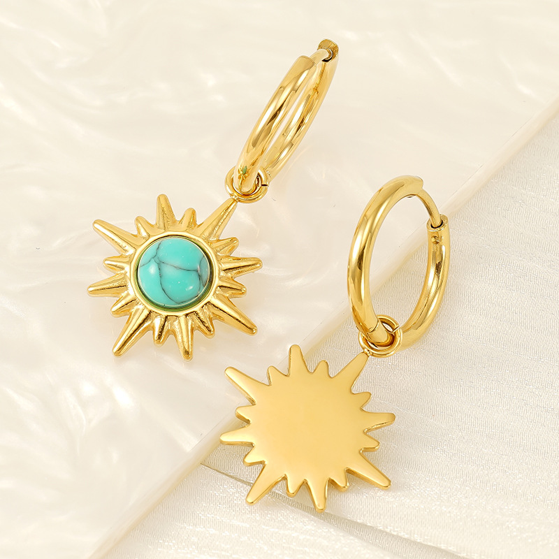 1 Pair Ins Retro Style Eight-pointed Star Shape Stainless Steel 18K Gold Plated Inlay Turquoise Women's Drop Earrings Picture5