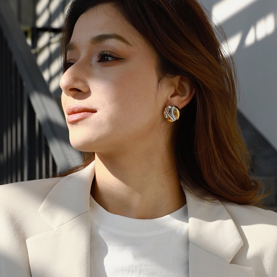 1 Pair Stylish Series Water Ripple Texture Stainless Steel Gold Color Women's Stud Earrings Picture3