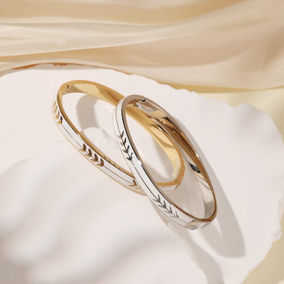 1 Piece Classic Series Elegant Olive Branch Pattern Stainless Steel Gold Color Women's Bangles Picture6