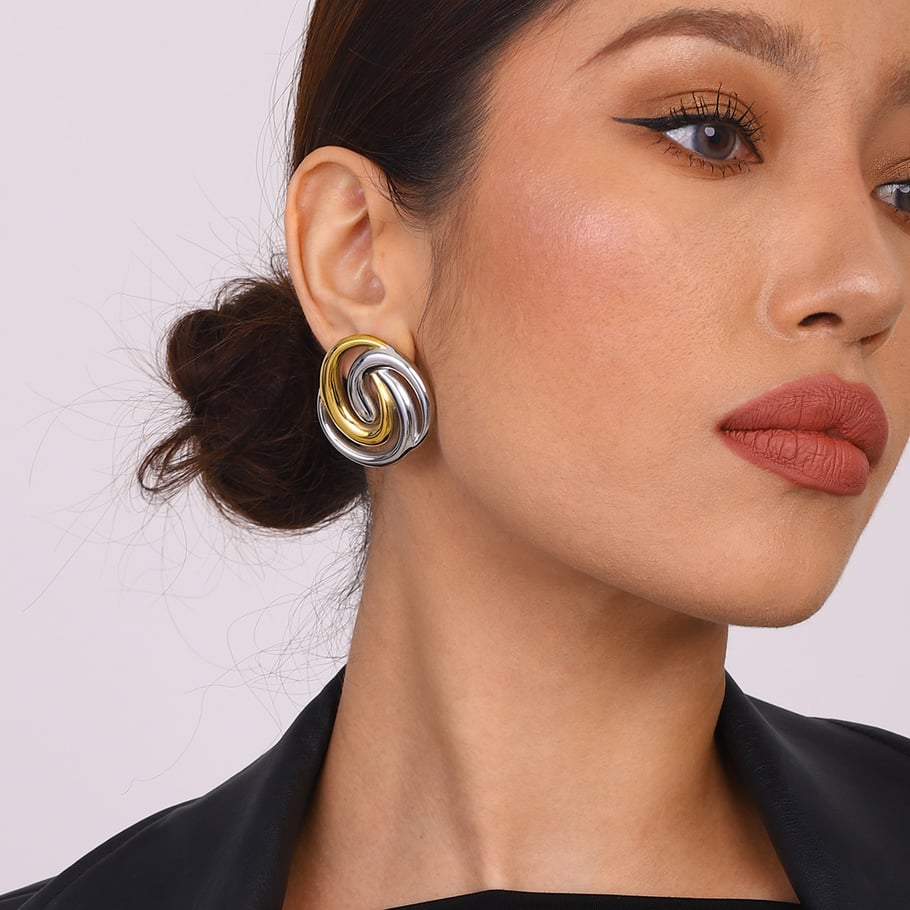 1 par de pendientes de botón elegantes de acero inoxidable anular de color dorado para mujer Imagen5