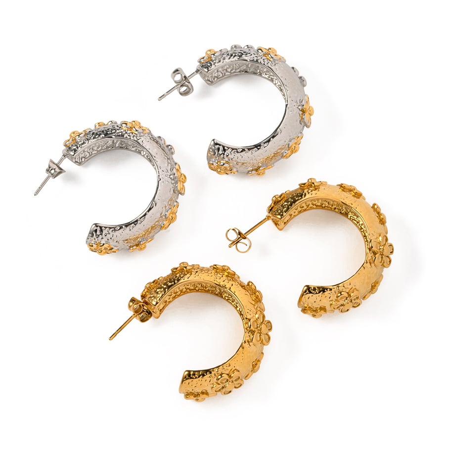 1 Pair Classic Series Retro Flower Stainless Steel 18K Gold Plated Women Hoop Earrings Picture6