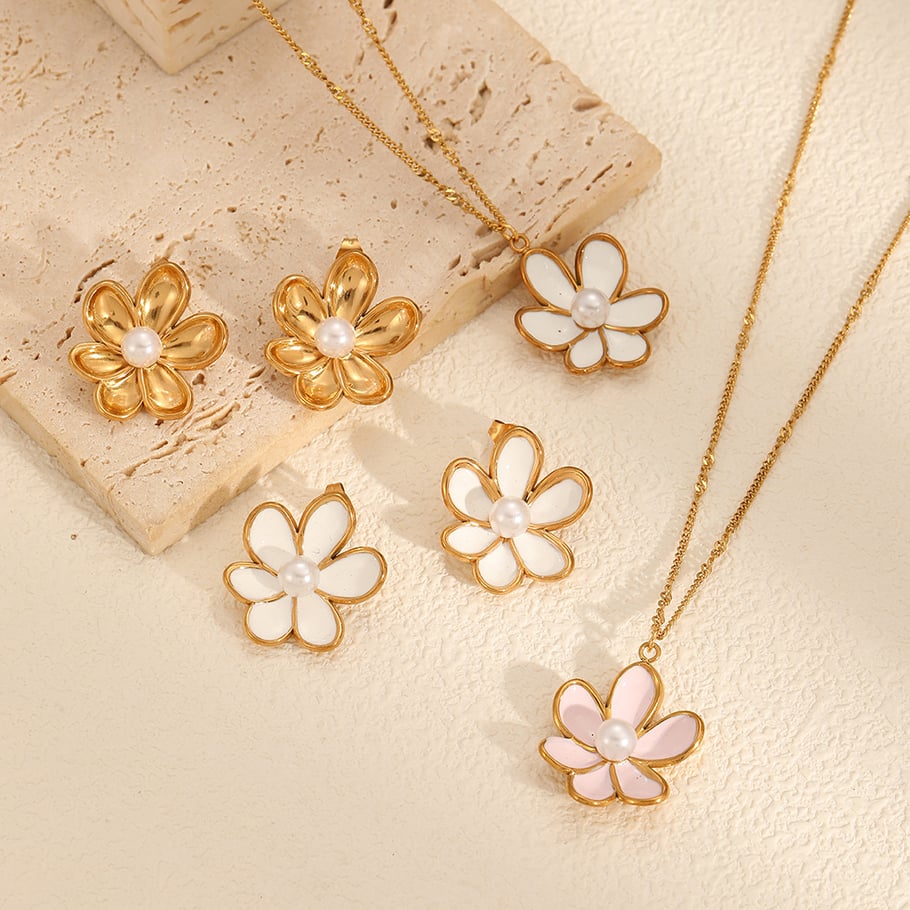 1 Pair Elegant Nateral Style Flower Stainless Steel Oil Drip Technique Gold Color Women's Stud Earrings Picture3