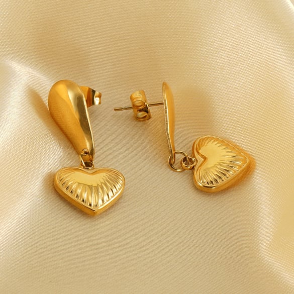 1 paire de boucles d&#39;oreilles pendantes en acier inoxydable doré 18 carats, légères et luxueuses, style rétro, en forme de cœur, texturées, pour femmes