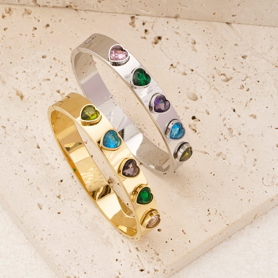 1 Piece Glamorous Series Colorful Heart Shape Stainless Steel Gold Color Women's Bangles Picture6