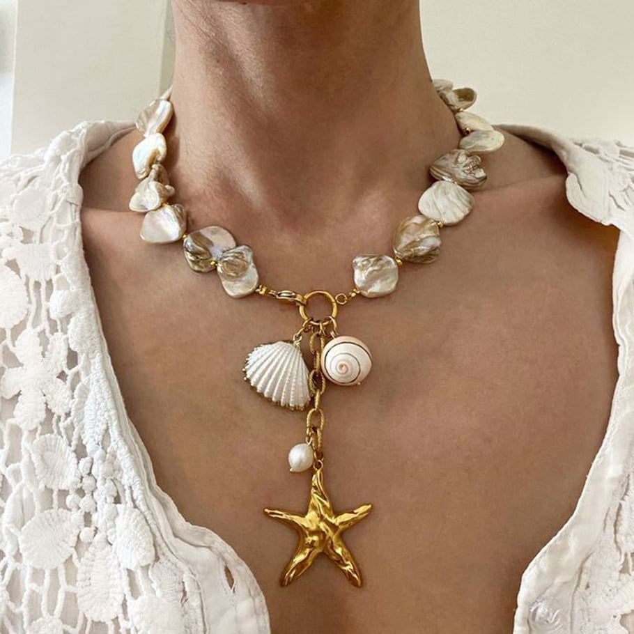 European and American INS Internet celebrity new fashion necklace 18k gold stainless steel whole string shell string starfish pearl pendant necklace Picture5