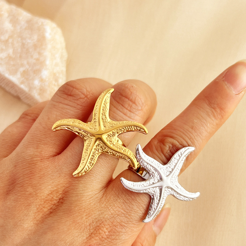 1 Piece Starfish Stainless Steel Gold Color Women's Adjustable Rings Picture3