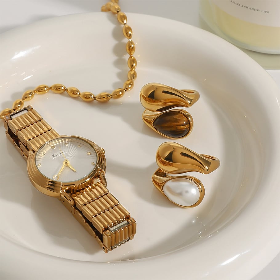 1 Paar Classic Series Simple Droplet Edelstahl 18 Karat vergoldet Damen verstellbare Ringe Bild4
