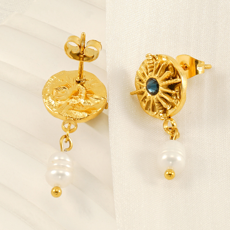 1 Pair Classic Retro Style Astrological Chart Shape Stainless Steel 18K Gold Plated Inlay Pearl Unisex Drop Earrings Picture5