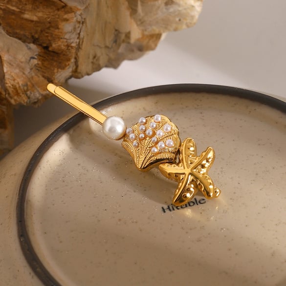 1 Pair Simple Series ins style Turtle Stainless Steel 18K Gold Plated Artificial Pearl Women Hair Clips