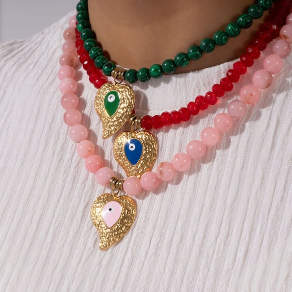 Collar de cuentas de acero inoxidable dorado con forma de corazón bohemio de la serie étnica para mujer, 1 pieza