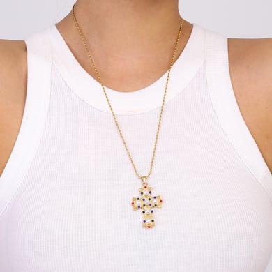 1 Piece Luxurious Series Exquisite Colorful Cross Shape Stainless Steel Gold Color Women's Pendant Necklaces h5 Picture5