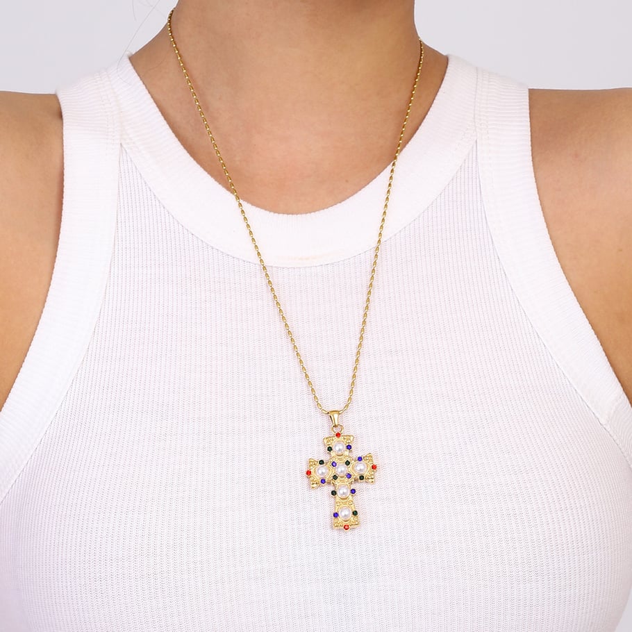 1 Piece Luxurious Series Exquisite Colorful Cross Shape Stainless Steel Gold Color Women's Pendant Necklaces Picture5
