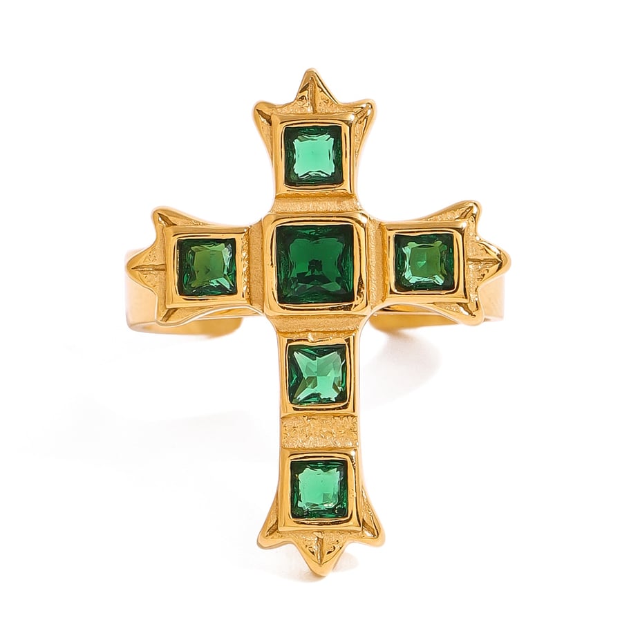 1 Pair Classic Series Retro Cross Stainless Steel 18K Gold Plated Zircon Women Adjustable Rings Picture6