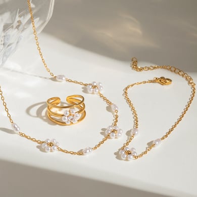 1 Pair Romantic Sweet Style Hollowed-out Flower Shape Stainless Steel 18K Gold Plated Inlay Artificial Pearl Women's Earrings set h5 Picture3