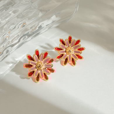 1 par de lujosos pendientes de botón de acero inoxidable dorados con diseño de margaritas para mujer. h5 Imagen4
