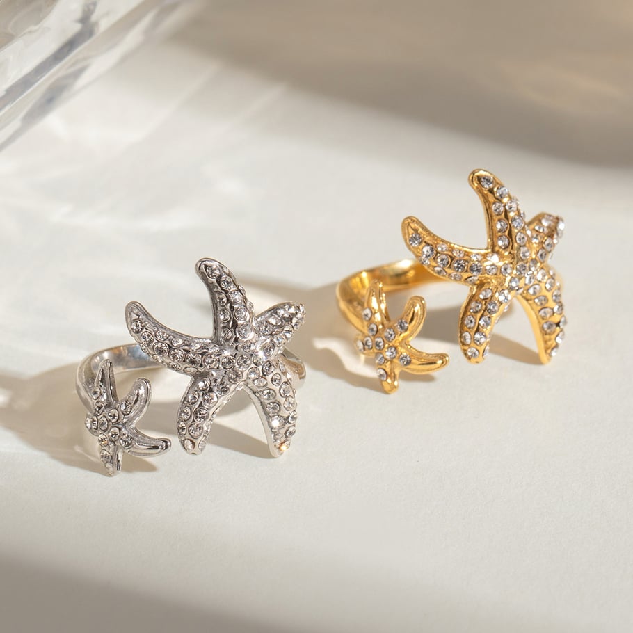 1 paire de bagues ajustables pour femme en acier inoxydable plaqué or 18 carats avec strass, style tortue, série simple Image2