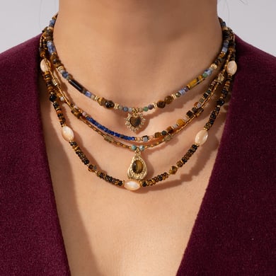 1 Piece Bohemia Style Classic Beads Stainless Steel Tiger's-eye Natural Stone Women's Beaded Necklaces h5 Picture4
