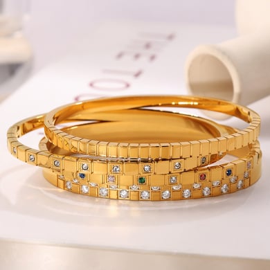 1 Stück Simple Series Klassische geometrische Edelstahl Goldfarben Strass Damen Armreifen h5 Bild4