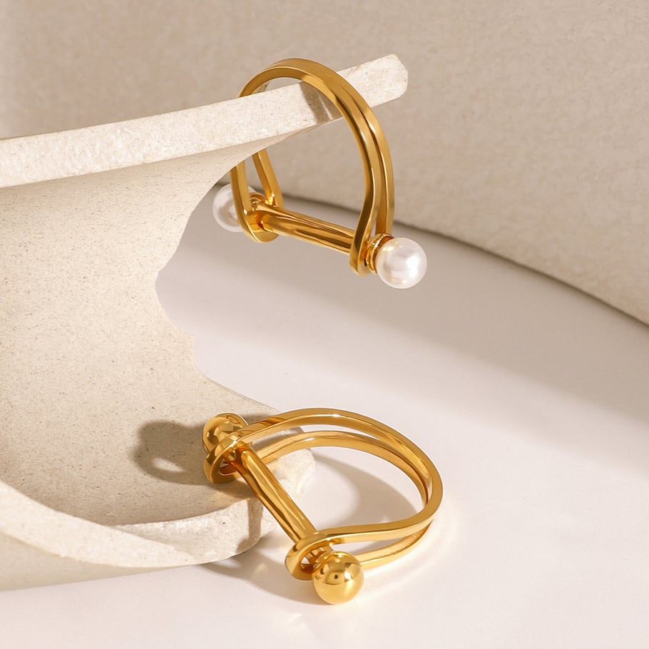 1 Pair Simple Series Simple Geometric Stainless Steel 18K Gold Plated Artificial Pearl Women Single Ring Picture3