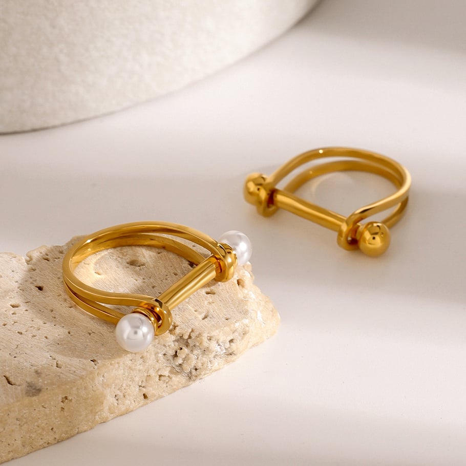 1 Pair Simple Series Simple Geometric Stainless Steel 18K Gold Plated Artificial Pearl Women Single Ring Picture4