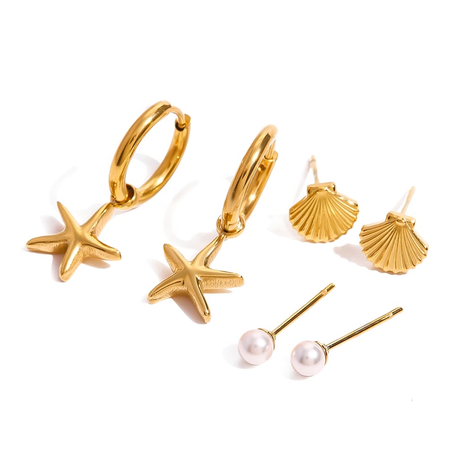 1 Pair Romantic Series Classic starfish Stainless Steel 18K Gold Plated Artificial Pearl Women Earrings Set Picture8