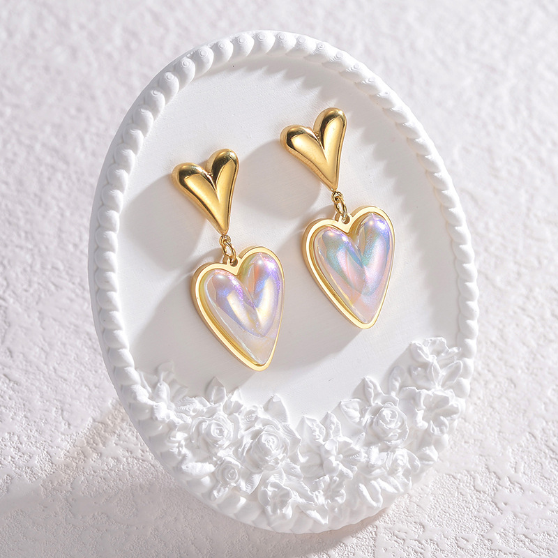 1 paire de boucles d&#39;oreilles pendantes en acier inoxydable plaqué or 14 carats pour femme, série Simple Sweet Heart Image4
