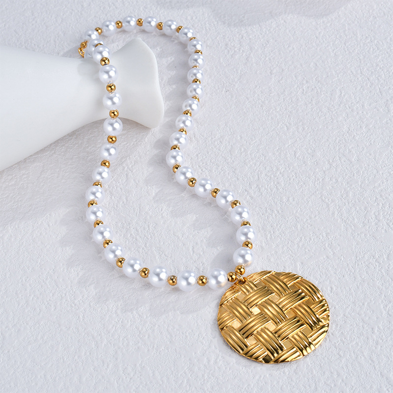 Collier avec pendentif géométrique rétro en acier inoxydable plaqué or 18 carats et perles artificielles pour femme, série simple, 1 pièce Image4