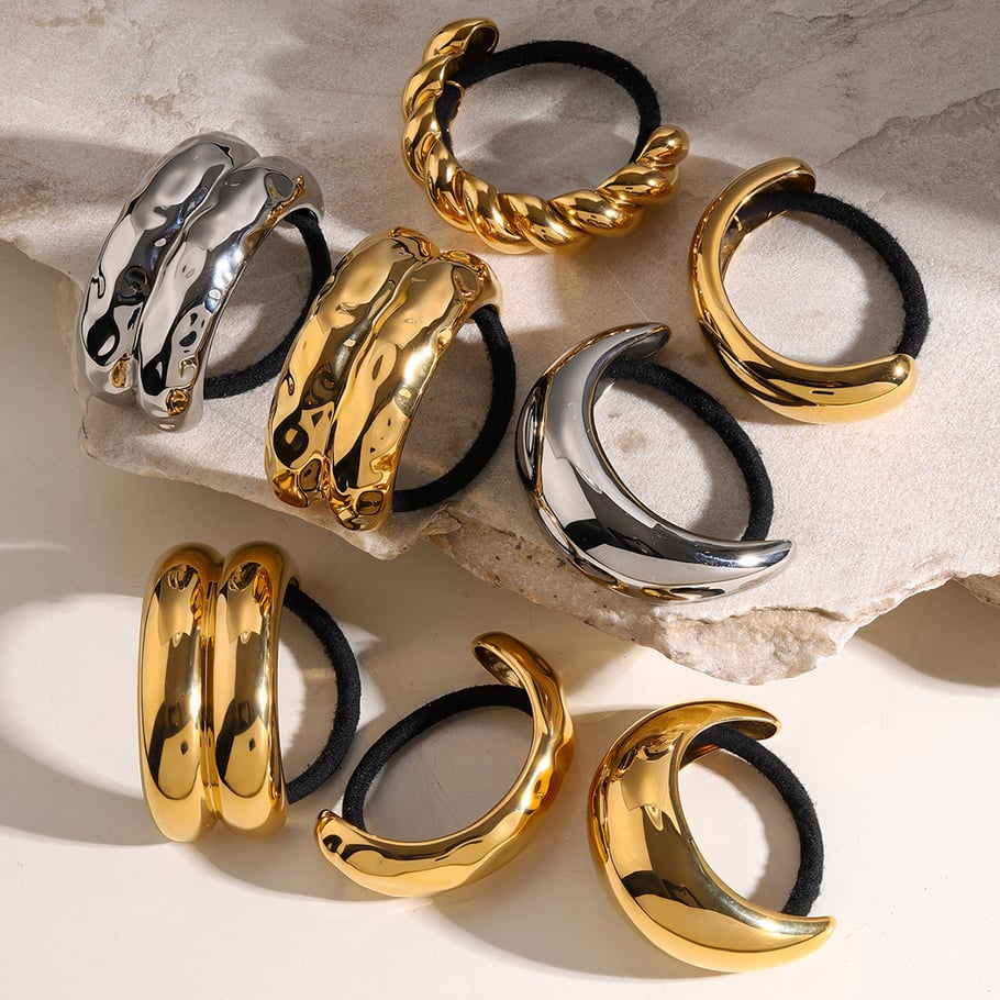 europäischer und amerikanischer internet--trend edelstahl 18 karat gold edelstahl halbkreisbogen glänzend schwarz gummiband haarring zubehör  Bild6