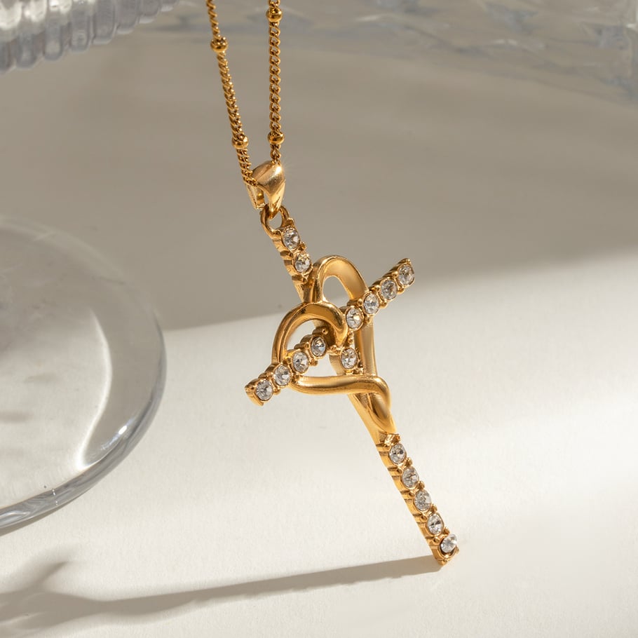 1 Stück Simple Series Retro Kreuz Edelstahl 18 Karat vergoldet Strass Damen Anhänger Halsketten Bild4