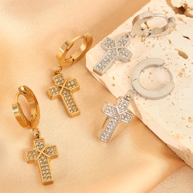 1 Pair Dazzling Series Classic Cross Titanium Steel Gold Color Women's Drop Earrings h5 Picture5