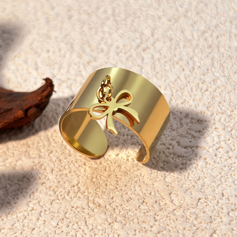 1 Piece Simple Series Bow Knot Stainless Steel Gold Color Women's Adjustable Rings Picture4