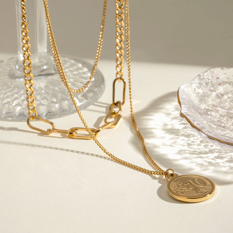 1 Stück Simple Series Klassische gravierte Edelstahl 18 Karat vergoldete Damen-Mehrfachketten Bild4