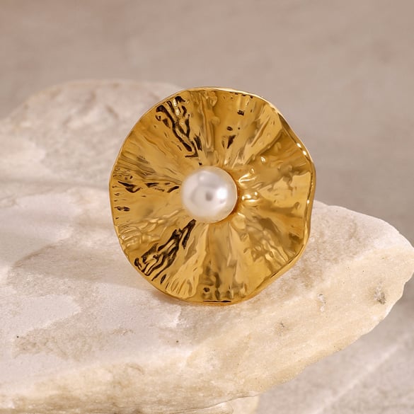 1 Pair Classic Series Retro Flower Stainless Steel 18K Gold Plated Artificial Pearl Women Adjustable Rings