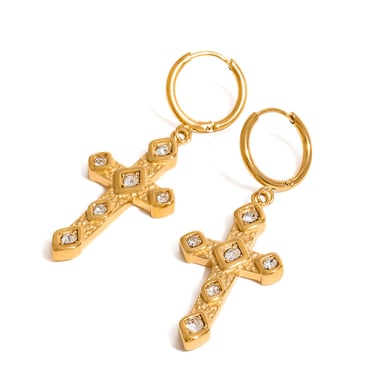 1 Pair Ethnic Series Classic Cross Stainless Steel 18K Gold Plated Zircon Women Drop Earrings h5 Picture7