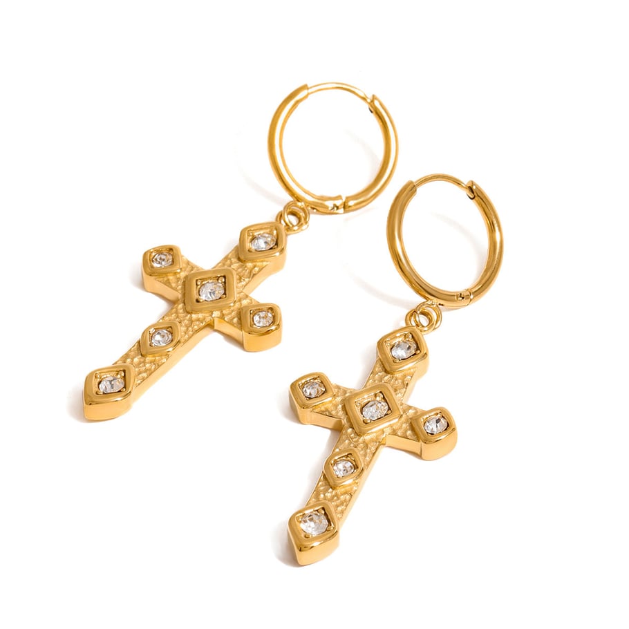 1 Pair Ethnic Series Classic Cross Stainless Steel 18K Gold Plated Zircon Women Drop Earrings Picture7