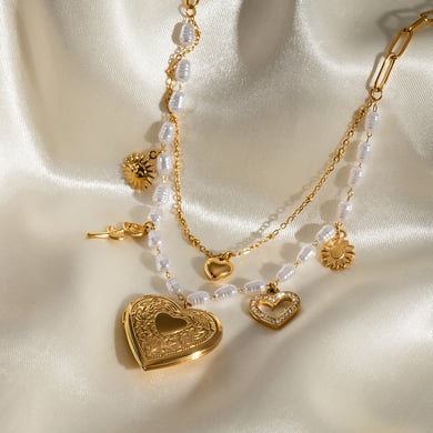 Collares en capas de acero inoxidable chapados en oro de 18 quilates con forma de corazón clásico de lujo para mujer. h5 Imagen10