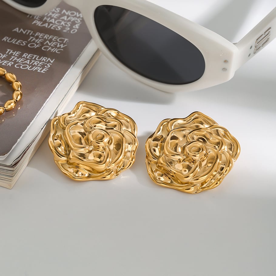 1 Pair Romantic Series Gorgeous Flowers Stainless Steel Gold Color Women's Stud Earrings Picture6