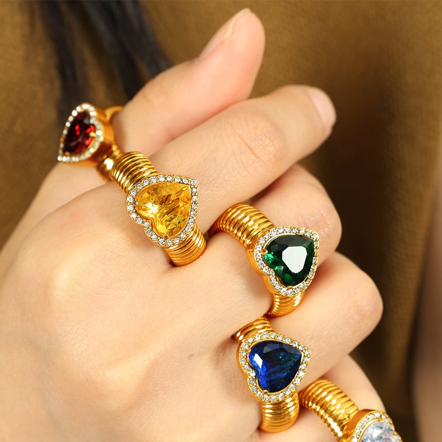 1 Pair Romantic Series Retro Heart Colorful Stainless Steel 18K Gold Color Plated Zircon Women's Single Rings Picture5