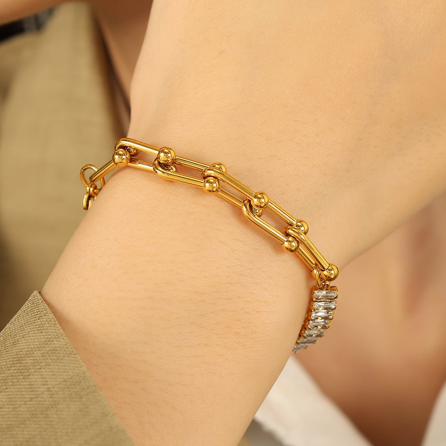 1 Piece Luxurious Series Simple Geometric Stainless Steel 18K Gold Plated Rhinestone Women Charm Bracelets Picture5