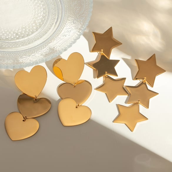 1 Pair Simple Style Heart Pentagram Shape Stainless Steel 18K Gold Plated Women's Drop Earrings 2