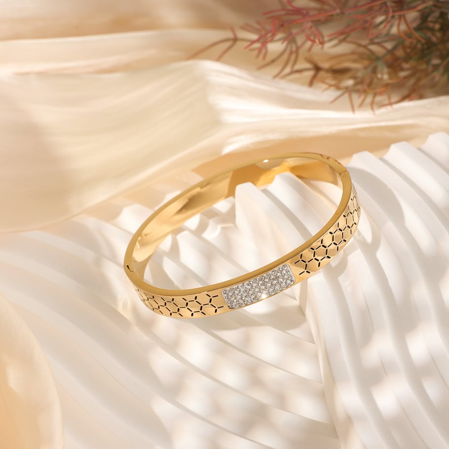 1 Piece Modern Series Elegant Hexagon Pattern Stainless Steel Gold Color Women's Bangles Picture4