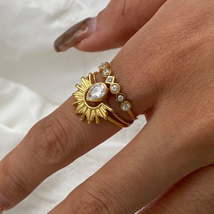 Conjunto de anillos de mujer de acero inoxidable color dorado con diseño de gota de estilo Ins de 1 pieza Imagen9