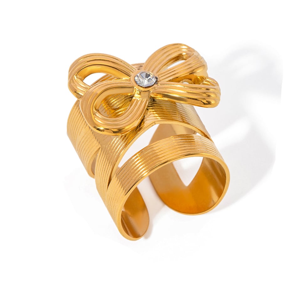 1 Pair Simple Series Retro Bow Knot Stainless Steel 18K Gold Plated Rhinestone Women Adjustable Rings Picture7
