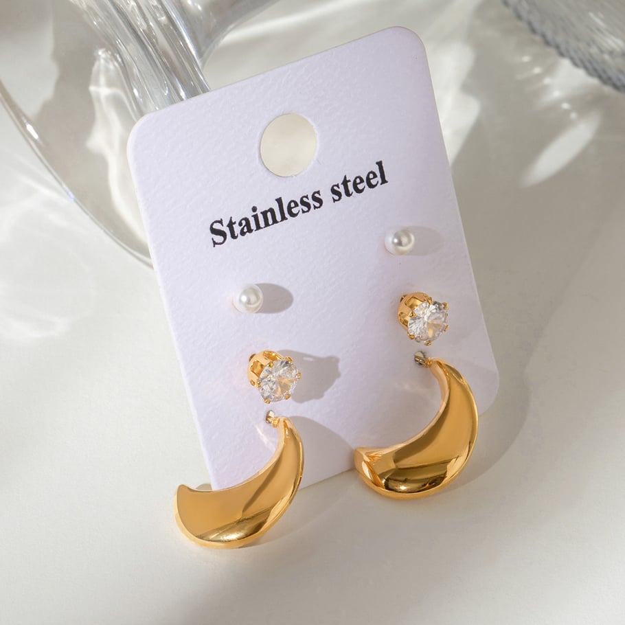 1 Paar Simple Series Casual Sonne/Mond Edelstahl 18 Karat vergoldet Kunstperle Damen Ohrringe Set Bild3