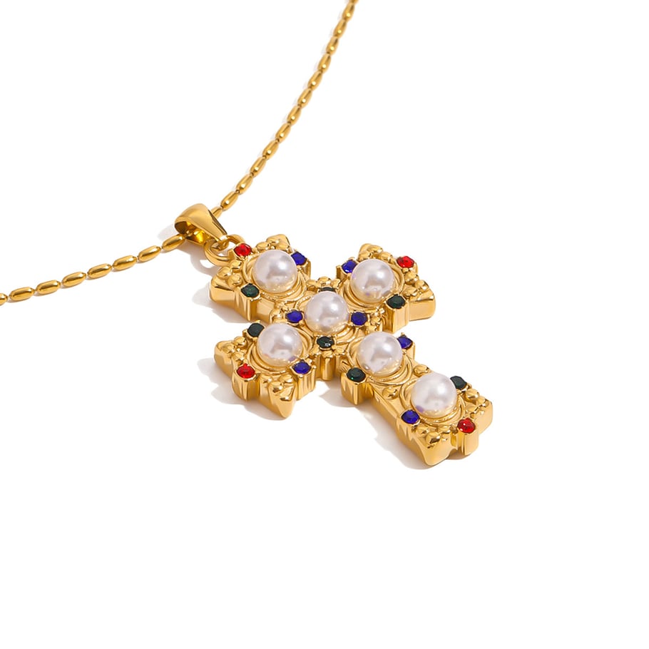 1 Piece Luxurious Series Exquisite Colorful Cross Shape Stainless Steel Gold Color Women's Pendant Necklaces Picture6