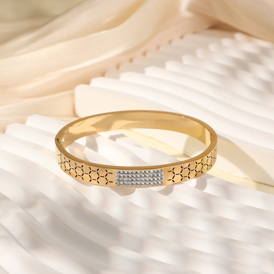 1 Piece Modern Series Elegant Hexagon Pattern Stainless Steel Gold Color Women's Bangles Picture5