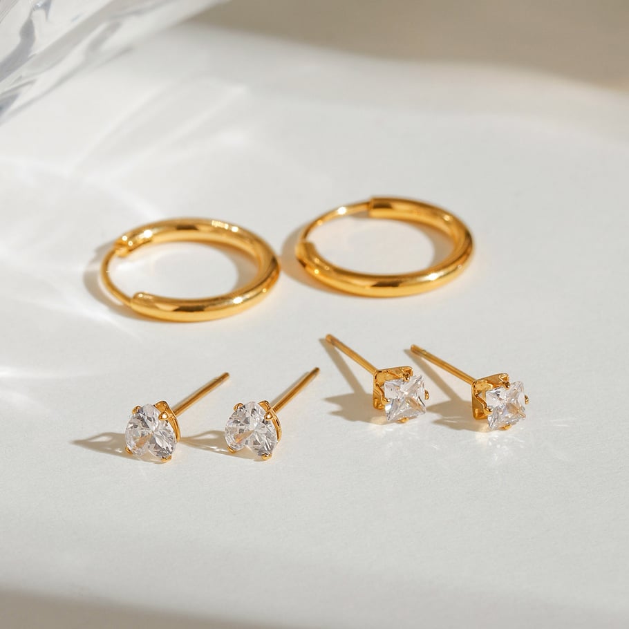 1 Paar Ohrringe-Set aus der Romantischen Serie mit süßen geometrischen Zirkonia aus Edelstahl mit 18 Karat Vergoldung Bild3